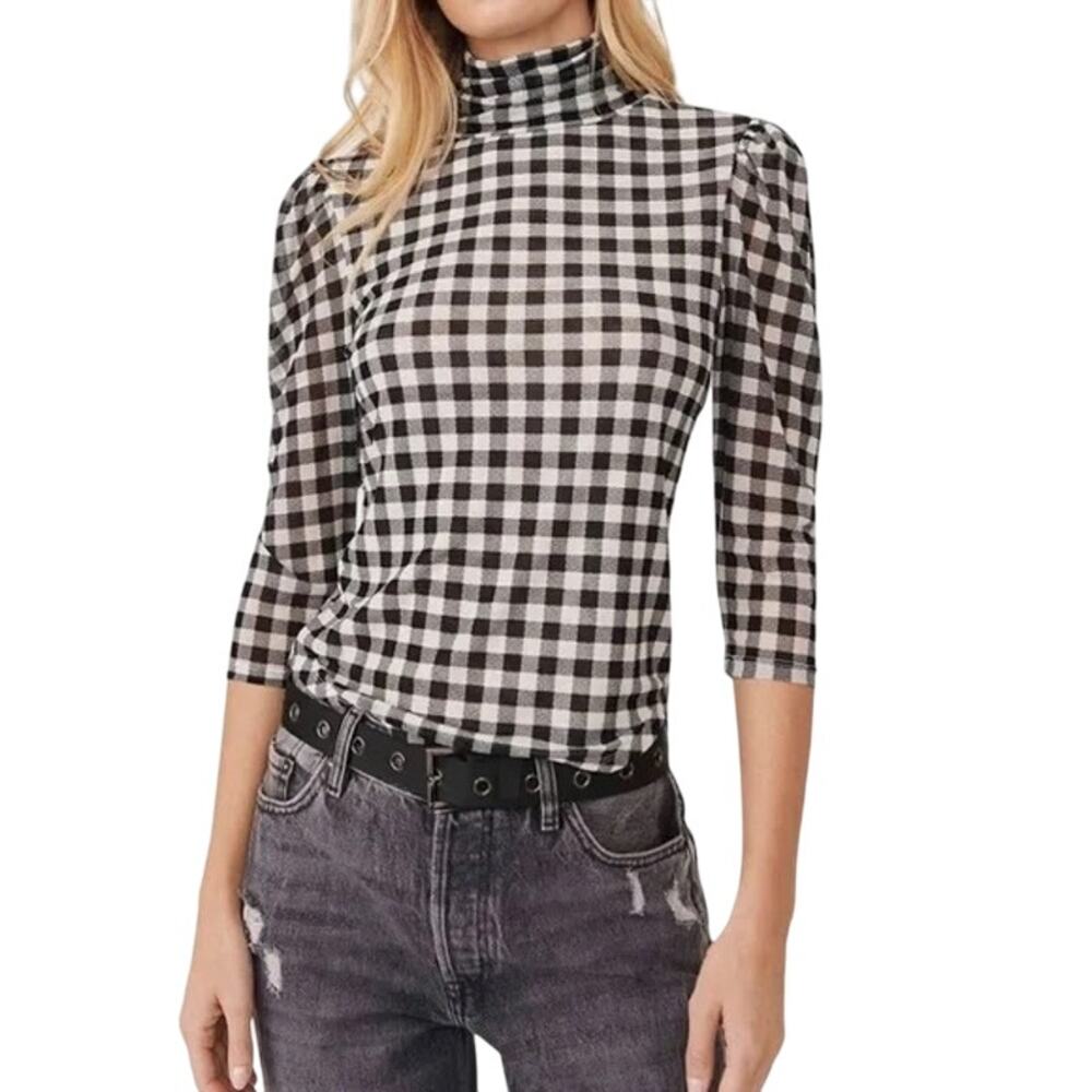 Free People Gathered Turtleneck Black & White Gingham Checkered Mesh Slim Top